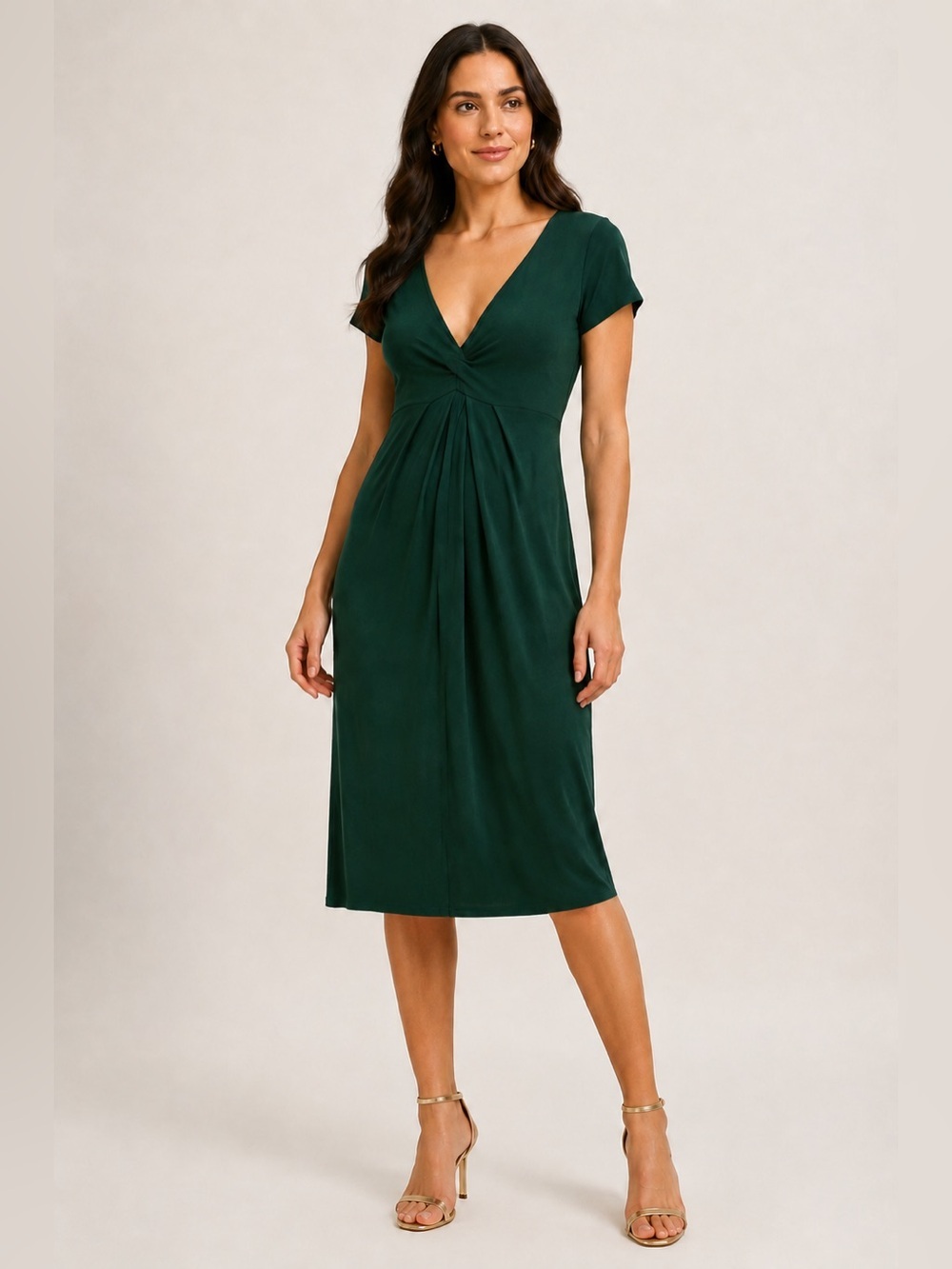 Mango Suit Deep Emerald V-Neck Pleated Midi Dress Size Large